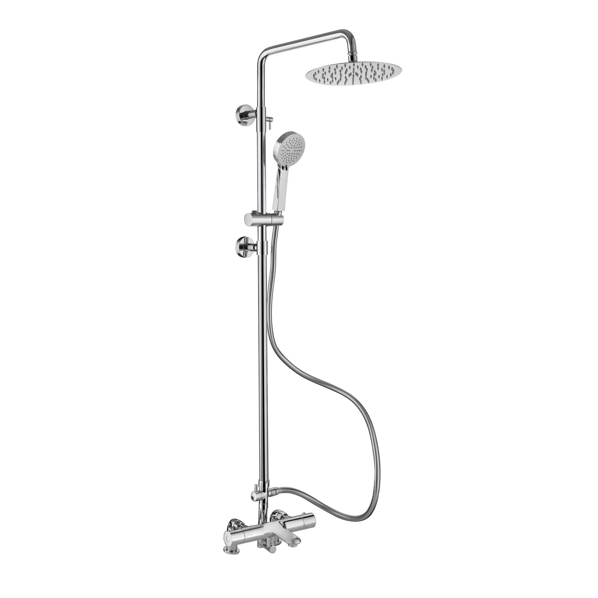 Buy Cali thermostatic bar bath shower mixer valve with dual rigid riser kit, 200mm round overhead rain shower and handheld - chrome Online UK | HOUSE OF ENKI
